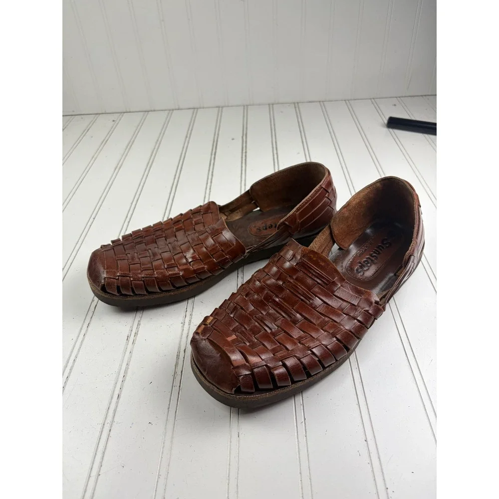 Sunsteps Brown Woven Leather Slip On Huaraches Men's Size 8.5 Women's Size 10
